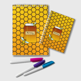 Блокнот с принтом Сладкий мёд в Белгороде, 100% бумага | 48 листов, плотность листов — 60 г/м2, плотность картонной обложки — 250 г/м2. Листы скреплены удобной пружинной спиралью. Цвет линий — светло-серый
 | Тематика изображения на принте: желтый | мед | насекомое | пчела | сладкий | соты | улей