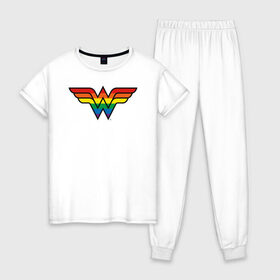 Женская пижама хлопок с принтом Wonder Woman Logo в Белгороде, 100% хлопок | брюки и футболка прямого кроя, без карманов, на брюках мягкая резинка на поясе и по низу штанин | Тематика изображения на принте: dc pride | justice league | pride | vdosadir | wonder woman | лига справедливости | прайд | радуга | чудо женщина