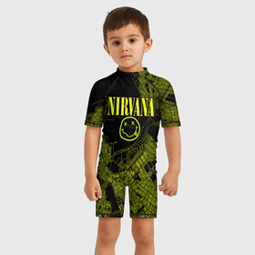 Детский купальный костюм 3D с принтом Nirvana | Нирвана в Белгороде, Полиэстер 85%, Спандекс 15% | застежка на молнии на спине | kurt cobain | nirvana | rock | smile | гранж | курт кобейн | нирвана | рок | смайл