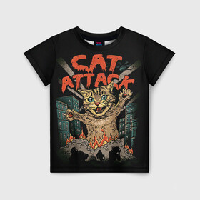 Детская футболка 3D с принтом Нападение гигантского котика в Белгороде, 100% гипоаллергенный полиэфир | прямой крой, круглый вырез горловины, длина до линии бедер, чуть спущенное плечо, ткань немного тянется | Тематика изображения на принте: attack | attacks | big | cat | cats | catzilla | city | cute | flame | flames | kaiju | kitten | kitty | атака | атакует | большой | город | кайдзю | катастрофа | кот | котенок | котзилла | котик | котострофа | милый | нападает | огонь | огро
