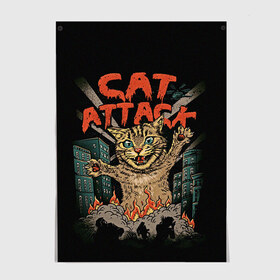 Постер с принтом Нападение гигантского котика в Белгороде, 100% бумага
 | бумага, плотность 150 мг. Матовая, но за счет высокого коэффициента гладкости имеет небольшой блеск и дает на свету блики, но в отличии от глянцевой бумаги не покрыта лаком | Тематика изображения на принте: attack | attacks | big | cat | cats | catzilla | city | cute | flame | flames | kaiju | kitten | kitty | атака | атакует | большой | город | кайдзю | катастрофа | кот | котенок | котзилла | котик | котострофа | милый | нападает | огонь | огро