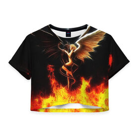 Женская футболка Crop-top 3D с принтом Angel and demon в Белгороде, 100% полиэстер | круглая горловина, длина футболки до линии талии, рукава с отворотами | добро и зло. | крылья | рога | хвост | чистый и тёмный