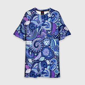 Детское платье 3D с принтом ВОСТОЧНЫЙ УЗОР в Белгороде, 100% полиэстер | прямой силуэт, чуть расширенный к низу. Круглая горловина, на рукавах — воланы | восток | гжель | красивый | природа | синий | сказка | узор | фиолетовый | цветы