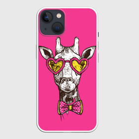 Чехол для iPhone 13 с принтом жираф в очках в Белгороде,  |  | графика | животное | жираф | очки | ретро | рисунок жирафа | розовый | сердечки | солнечные очки | хипстер