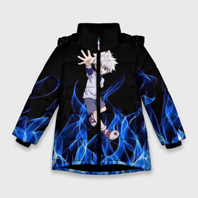 Зимняя куртка для девочек 3D с принтом Killua Zoldyck Blue Fire в Белгороде, ткань верха — 100% полиэстер; подклад — 100% полиэстер, утеплитель — 100% полиэстер. | длина ниже бедра, удлиненная спинка, воротник стойка и отстегивающийся капюшон. Есть боковые карманы с листочкой на кнопках, утяжки по низу изделия и внутренний карман на молнии. 

Предусмотрены светоотражающий принт на спинке, радужный светоотражающий элемент на пуллере молнии и на резинке для утяжки. | hunter  hunter | алая иллюзия | гон фрикс | курапика | леорио | молния | огонь | охотник х охотник | персонажи | последняя миссия | хантер | хантер икс хантер | хантер х хантер | хисока