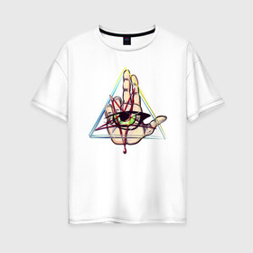 Женская футболка хлопок Oversize с принтом глаз в треугольнике в Белгороде, 100% хлопок | свободный крой, круглый ворот, спущенный рукав, длина до линии бедер
 | глаз | пентаграмма | рука | символика | треугольник