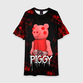 Детское платье 3D с принтом ROBLOX PIGGY - СВИНКА ПИГГИ в Белгороде, 100% полиэстер | прямой силуэт, чуть расширенный к низу. Круглая горловина, на рукавах — воланы | pig | piggy | roblox | игра | компьютерная игра | логотип | онлайн | онлайн игра | пигги | поросенок | роблакс | роблокс | свинка | свинья