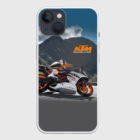 Чехол для iPhone 13 с принтом KTM Racing team в Белгороде,  |  | clouds | ktm | motorcycle | mountains | nature | racer | racing | route | sky | team | гонщик | горы | мотоцикл | небо | облака | природа | трасса