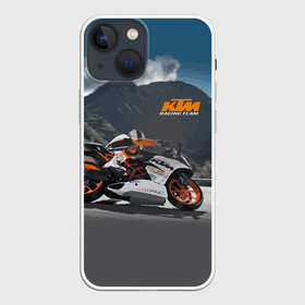 Чехол для iPhone 13 mini с принтом KTM Racing team в Белгороде,  |  | clouds | ktm | motorcycle | mountains | nature | racer | racing | route | sky | team | гонщик | горы | мотоцикл | небо | облака | природа | трасса