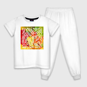 Детская пижама хлопок с принтом Листья в Белгороде, 100% хлопок |  брюки и футболка прямого кроя, без карманов, на брюках мягкая резинка на поясе и по низу штанин
 | autum | leaves | summer | желтый | зеленый | красный | лето | листья | осень | растительный орнамент