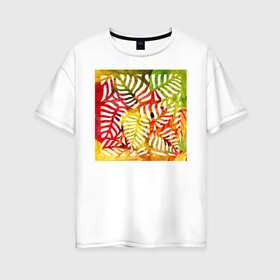 Женская футболка хлопок Oversize с принтом Листья в Белгороде, 100% хлопок | свободный крой, круглый ворот, спущенный рукав, длина до линии бедер
 | autum | leaves | summer | желтый | зеленый | красный | лето | листья | осень | растительный орнамент