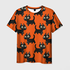 Мужская футболка 3D с принтом HALLOWEEN CATS в Белгороде, 100% полиэфир | прямой крой, круглый вырез горловины, длина до линии бедер | animal | cat | cute | pet | животное | кавай | киса | кот | котэ | милое | хэллоуин