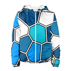 Женская куртка 3D Ледяной витраж: в Белгороде, ткань верха — 100% полиэстер, подклад — флис | прямой крой, подол и капюшон оформлены резинкой с фиксаторами, два кармана без застежек по бокам, один большой потайной карман на груди. Карман на груди застегивается на липучку | витраж | геометрия | зенит | сетка | синий | соты | футбол