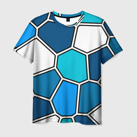 Мужская футболка 3D с принтом Ледяной витраж в Белгороде, 100% полиэфир | прямой крой, круглый вырез горловины, длина до линии бедер | витраж | геометрия | зенит | сетка | синий | соты | футбол