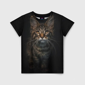 Детская футболка 3D с принтом Кот усатый в Белгороде, 100% гипоаллергенный полиэфир | прямой крой, круглый вырез горловины, длина до линии бедер, чуть спущенное плечо, ткань немного тянется | cat | кот | котёнок | котик | кошка | мейн кун | полосатый | пушистый | усатый
