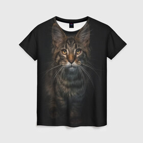 Женская футболка 3D с принтом Кот усатый в Белгороде, 100% полиэфир ( синтетическое хлопкоподобное полотно) | прямой крой, круглый вырез горловины, длина до линии бедер | cat | кот | котёнок | котик | кошка | мейн кун | полосатый | пушистый | усатый