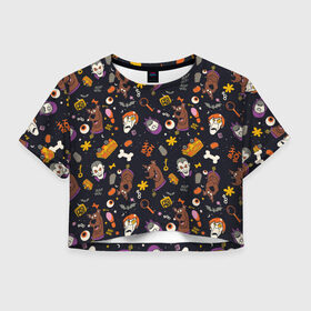 Женская футболка Crop-top 3D с принтом Скуби-Ду Хэллоуин паттерн в Белгороде, 100% полиэстер | круглая горловина, длина футболки до линии талии, рукава с отворотами | scooby doo | vdzabma | скуби ду