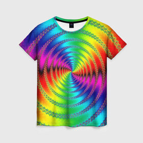 Женская футболка 3D с принтом Цветной гипноз в Белгороде, 100% полиэфир ( синтетическое хлопкоподобное полотно) | прямой крой, круглый вырез горловины, длина до линии бедер | насыщенные цвета | радуга | спираль | цвет | цвета | яркие цвета | ярко
