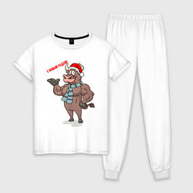 Женская пижама хлопок с принтом Новогодний Бык в Белгороде, 100% хлопок | брюки и футболка прямого кроя, без карманов, на брюках мягкая резинка на поясе и по низу штанин | 
