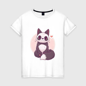 Женская футболка хлопок с принтом Лисья панда в Белгороде, 100% хлопок | прямой крой, круглый вырез горловины, длина до линии бедер, слегка спущенное плечо | арт | белый | лиса | любовь | мило | милота | мимишка | панда | рисунок | сердце | чёрно белый | чёрный