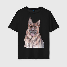 Женская футболка хлопок Oversize с принтом Овчарка в Белгороде, 100% хлопок | свободный крой, круглый ворот, спущенный рукав, длина до линии бедер
 | акварель | животные | звери | краски | овчарка | песокафе | питомцы | рисунок | собаки