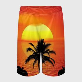 Детские спортивные шорты 3D с принтом Пальмы на фоне моря в Белгороде,  100% полиэстер
 | пояс оформлен широкой мягкой резинкой, ткань тянется
 | summer | восход | гаваи | гавайская | закат | лето | море | океан | отдых | отпуск | пальма | пальмы | солнце | туризм | туристическая