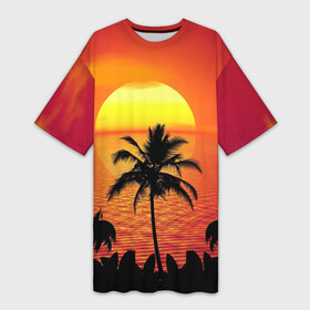 Платье-футболка 3D с принтом Пальмы на фоне моря в Белгороде,  |  | summer | восход | гаваи | гавайская | закат | лето | море | океан | отдых | отпуск | пальма | пальмы | солнце | туризм | туристическая