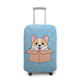Чехол для чемодана 3D с принтом КОРГИ в Белгороде, 86% полиэфир, 14% спандекс | двустороннее нанесение принта, прорези для ручек и колес | dog | dogs | весёлые собачки | еда | корги | корги с пиццей | косточка | кость | милые собачки | пицца | прикольные собачки | собаки | собачки