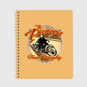 Тетрадь с принтом Hoosier Motorcycling в Белгороде, 100% бумага | 48 листов, плотность листов — 60 г/м2, плотность картонной обложки — 250 г/м2. Листы скреплены сбоку удобной пружинной спиралью. Уголки страниц и обложки скругленные. Цвет линий — светло-серый
 | Тематика изображения на принте: motorcycle | байкеры | мотоциклы | пионеры