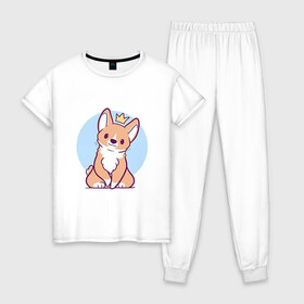 Женская пижама хлопок с принтом Милый щенок в Белгороде, 100% хлопок | брюки и футболка прямого кроя, без карманов, на брюках мягкая резинка на поясе и по низу штанин | арт | корги | король | рисунок | рыжий | собака | щенок