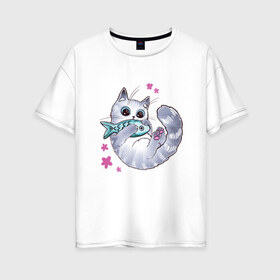 Женская футболка хлопок Oversize с принтом Котик с рыбкой в Белгороде, 100% хлопок | свободный крой, круглый ворот, спущенный рукав, длина до линии бедер
 | игрушка | кот | котёнок | котик | рыба | рыбка | цветочки | цветы