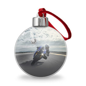 Ёлочный шар с принтом Yamaha в Белгороде, Пластик | Диаметр: 77 мм | Тематика изображения на принте: clouds | helmet | motorcycle | racer | road | route | sky | speed | yamaha | гонщик | дорога | мотоцикл | небо | облака | скорость | трасса | шлем