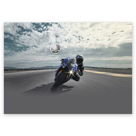 Поздравительная открытка с принтом Yamaha в Белгороде, 100% бумага | плотность бумаги 280 г/м2, матовая, на обратной стороне линовка и место для марки
 | clouds | helmet | motorcycle | racer | road | route | sky | speed | yamaha | гонщик | дорога | мотоцикл | небо | облака | скорость | трасса | шлем