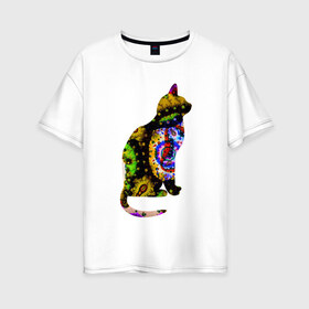 Женская футболка хлопок Oversize с принтом кошка 1 в Белгороде, 100% хлопок | свободный крой, круглый ворот, спущенный рукав, длина до линии бедер
 | желтый | зеленый | кошка | красный | необычная | разноцветная