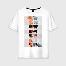 Женская футболка хлопок Oversize с принтом BTS в Белгороде, 100% хлопок | свободный крой, круглый ворот, спущенный рукав, длина до линии бедер
 | bts | k pop. кейпоп | битс | бтс | кей поп | намджун | сокджин | тэхен | хосок | чимин | чонгук | юнги | япония