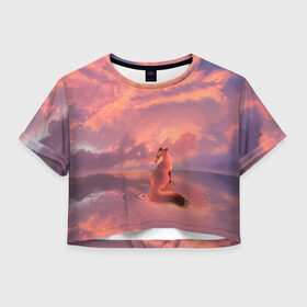Женская футболка Crop-top 3D с принтом Лиса и небеса 2 в Белгороде, 100% полиэстер | круглая горловина, длина футболки до линии талии, рукава с отворотами | clouds | dawn | fox | lake | reflection | sky | water | закат | лиса | небо | облака | отражение