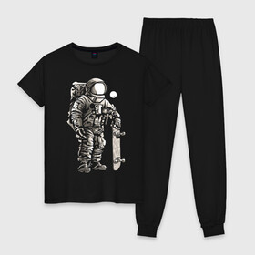 Женская пижама хлопок с принтом Space skateboarding в Белгороде, 100% хлопок | брюки и футболка прямого кроя, без карманов, на брюках мягкая резинка на поясе и по низу штанин | cosmonaut | cosmos | moon | skateboard | space | spacesuit | космонавт | космос | луна | скафандр