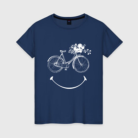 Женская футболка хлопок с принтом Велоулыбка в Белгороде, 100% хлопок | прямой крой, круглый вырез горловины, длина до линии бедер, слегка спущенное плечо | вело | велосипед | велосипедное | кататься | настроение | спорт | туризм | улыбка | хобби