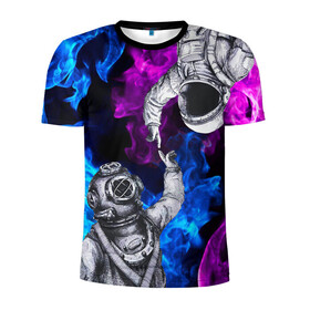 Мужская футболка 3D спортивная с принтом Космонавт и водолаз в Белгороде, 100% полиэстер с улучшенными характеристиками | приталенный силуэт, круглая горловина, широкие плечи, сужается к линии бедра | astronaut | blue | cosmos | diver | elon musk | fire | flame | nasa | planet | purple | space | spacex | star | universe | water | абстракция | астронавт | вода | вселенная | галактика | дайвер | звезда | илон маск | космонавт | космос | наса | огонь | пл