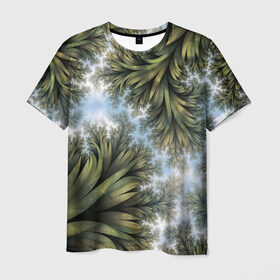 Мужская футболка 3D с принтом Зеленые листья в Белгороде, 100% полиэфир | прямой крой, круглый вырез горловины, длина до линии бедер | абстракция | голубое | зеленые листья | листья | небо
