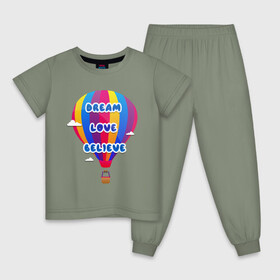 Детская пижама хлопок с принтом Воздушный шар в Белгороде, 100% хлопок |  брюки и футболка прямого кроя, без карманов, на брюках мягкая резинка на поясе и по низу штанин
 | believe | dream | love | вектор | воздушный шар | облака | разноцветный | синий шрифт
