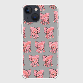 Чехол для iPhone 13 mini с принтом РОЗОВЫЕ СЛОНИКИ ПАТТЕРН в Белгороде,  |  | бесшовный паттерн | животные. слоны | милота | нежнятина | серый | слоники. розовый