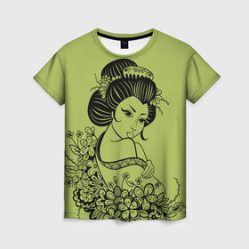 Женская футболка 3D с принтом Geisha 23 в Белгороде, 100% полиэфир ( синтетическое хлопкоподобное полотно) | прямой крой, круглый вырез горловины, длина до линии бедер | девушка | сакура | цветы | япония