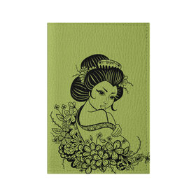 Обложка для паспорта матовая кожа с принтом Geisha 23 в Белгороде, натуральная матовая кожа | размер 19,3 х 13,7 см; прозрачные пластиковые крепления | девушка | сакура | цветы | япония