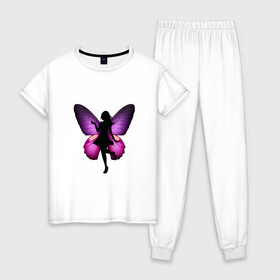 Женская пижама хлопок с принтом Фея в Белгороде, 100% хлопок | брюки и футболка прямого кроя, без карманов, на брюках мягкая резинка на поясе и по низу штанин | бабочка | девушка | силует | фея | фиолетовая