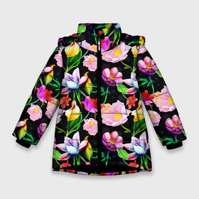 Зимняя куртка для девочек 3D с принтом Разноцветие в Белгороде, ткань верха — 100% полиэстер; подклад — 100% полиэстер, утеплитель — 100% полиэстер. | длина ниже бедра, удлиненная спинка, воротник стойка и отстегивающийся капюшон. Есть боковые карманы с листочкой на кнопках, утяжки по низу изделия и внутренний карман на молнии. 

Предусмотрены светоотражающий принт на спинке, радужный светоотражающий элемент на пуллере молнии и на резинке для утяжки. | Тематика изображения на принте: fashion | flower pattern | бабочки | девушкам | зелень | лепестки | лето | листья | маки | марта | нежные | паттерн | пионы | подарок | природа | растения | ромашки | тропики | тропические | узоры | цветочки