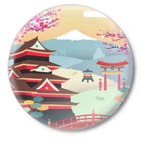 Значок с принтом Tokyo в Белгороде,  металл | круглая форма, металлическая застежка в виде булавки | горы | остров | сакура | токио | япония