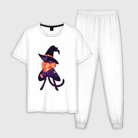Мужская пижама хлопок с принтом Хэллоунский кот маг в Белгороде, 100% хлопок | брюки и футболка прямого кроя, без карманов, на брюках мягкая резинка на поясе и по низу штанин
 | волшебство | звезды | кот | маг | магия | осень | хэллоуин | хэловин | шарф | шляпа