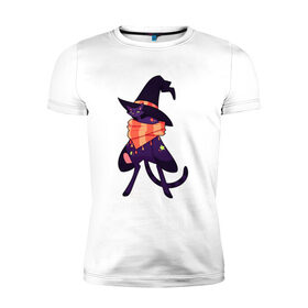 Мужская футболка хлопок Slim с принтом Хэллоунский кот маг в Белгороде, 92% хлопок, 8% лайкра | приталенный силуэт, круглый вырез ворота, длина до линии бедра, короткий рукав | волшебство | звезды | кот | маг | магия | осень | хэллоуин | хэловин | шарф | шляпа