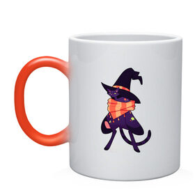 Кружка хамелеон с принтом Хэллоунский кот маг в Белгороде, керамика | меняет цвет при нагревании, емкость 330 мл | Тематика изображения на принте: волшебство | звезды | кот | маг | магия | осень | хэллоуин | хэловин | шарф | шляпа